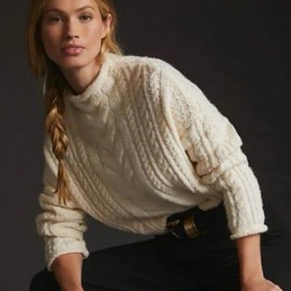 Anthropologie Ivory Cable Knit Turtleneck Sweater - Picture 2 of 4
